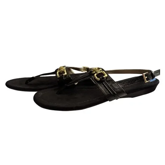 NEW Bandolino Nonnie T-Strap Sandal Womens 7.5 Black Patent Gold Chain Accent - Picture 3 of 6